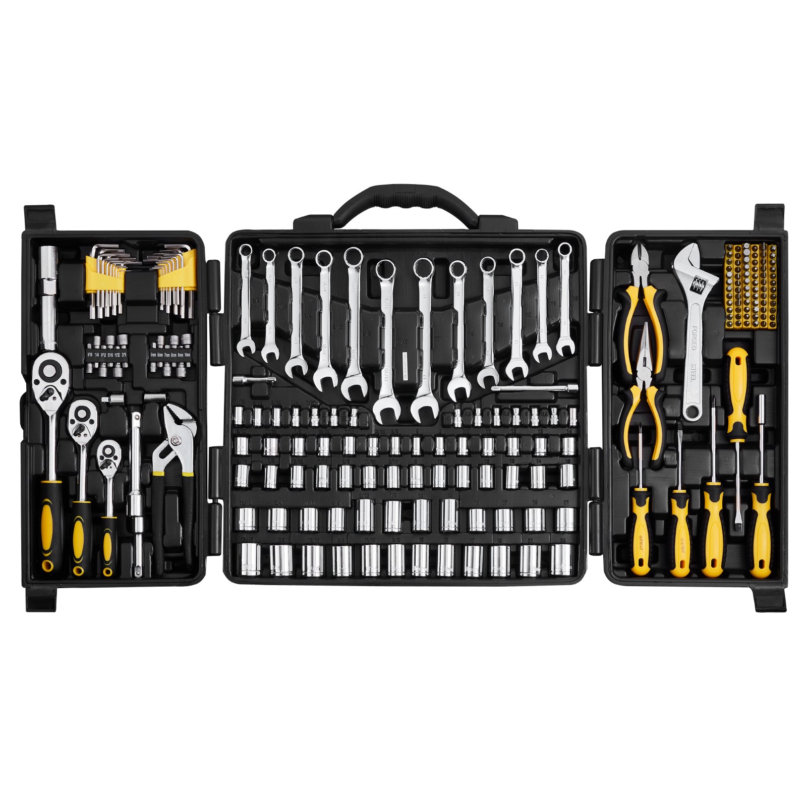 VEVOR 207-Piece Mechanics Tool Set, 1/4" 3/8" 1/2" Drive Sockets, SAE and Metric Mechanic Tool Kit with Bits, Wrenches, Ratchet Handle, Accessories, and Plastic Storage Case, for Automotive Repair