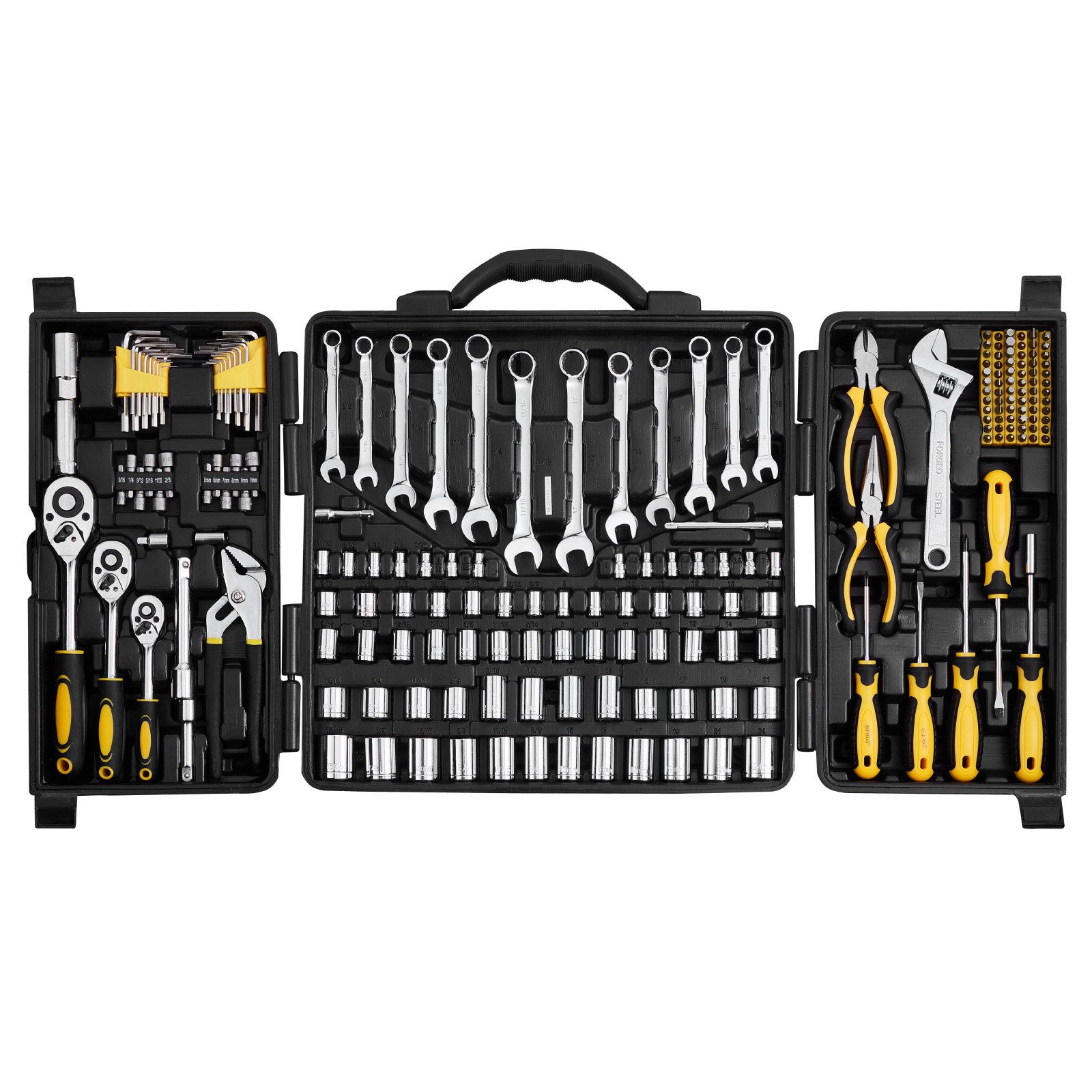 VEVOR 207-Piece Mechanics Tool Set, 1/4" 3/8" 1/2" Drive Sockets, SAE and Metric Mechanic Tool Kit with Bits, Wrenches, Ratchet Handle, Accessories, and Plastic Storage Case, for Automotive Repair