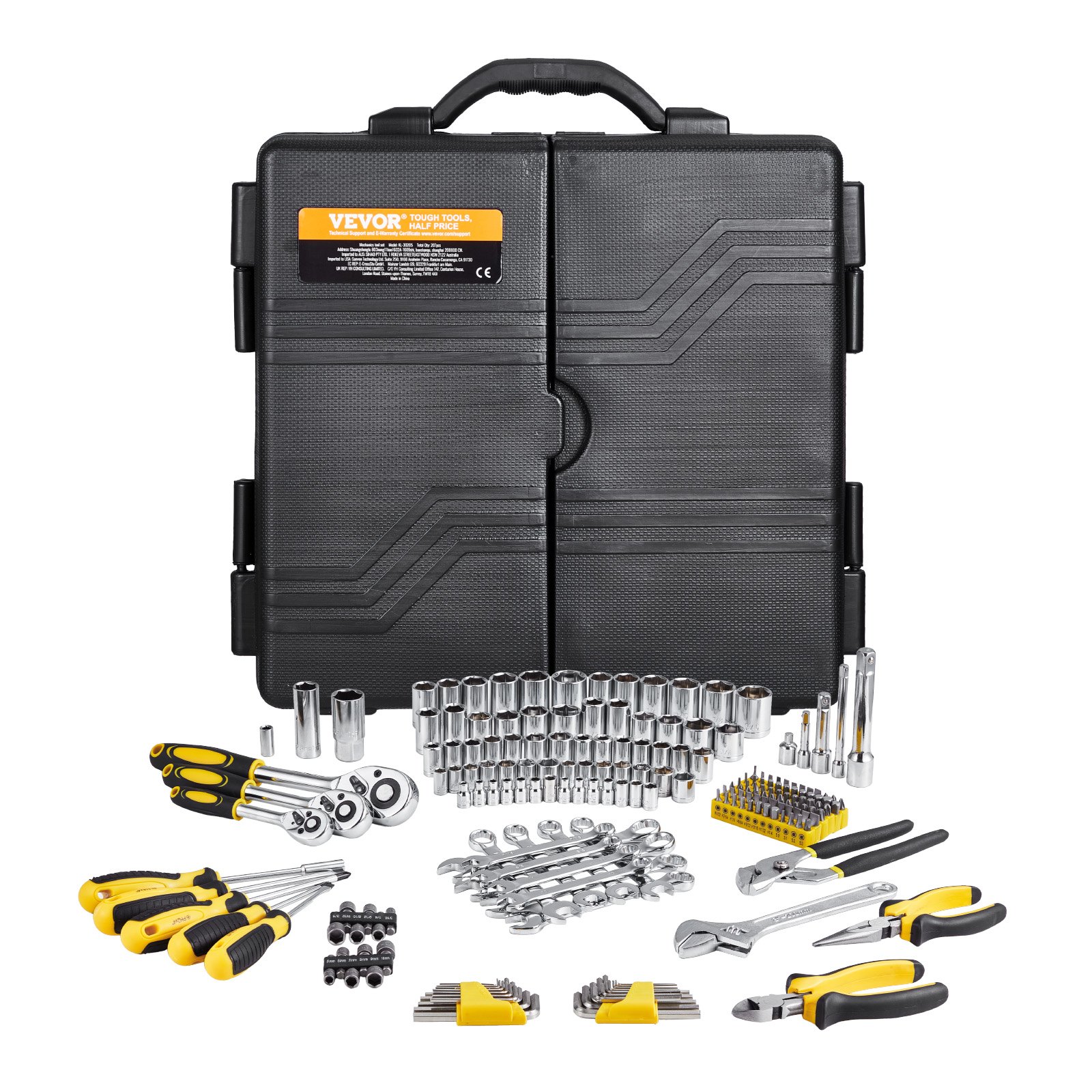 VEVOR 207-Piece Mechanics Tool Set, 1/4" 3/8" 1/2" Drive Sockets, SAE and Metric Mechanic Tool Kit with Bits, Wrenches, Ratchet Handle, Accessories, and Plastic Storage Case, for Automotive Repair