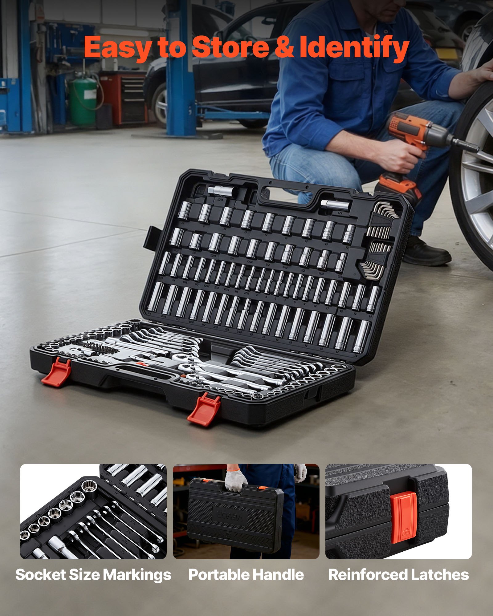 VEVOR Mechanics Tool Set, 159-Piece Mechanic Tool Kit, 1/4 in, 3/8 in, and 1/2 in Drive, SAE and Metric Socket Set, Wrenches, Screwdriver Bits, Accessories, and Storage Case, for Automotive Repair