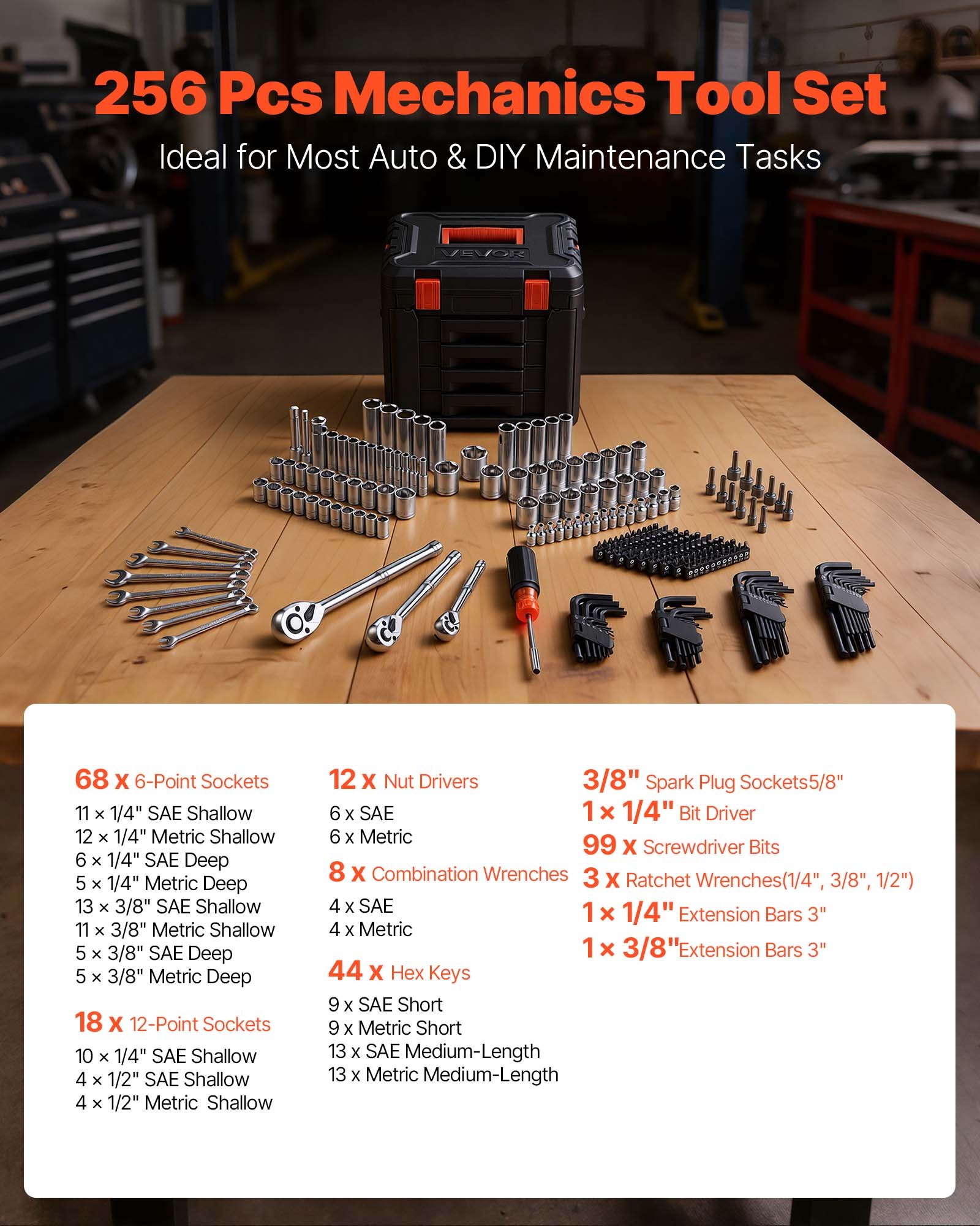 VEVOR Mechanics Tool Set, 256-Piece Mechanic Tool Kit, 1/4 in, 3/8 in, and 1/2 in Drive, SAE and Metric Socket Set, Wrenches, Screwdriver Bits, Accessories, and Storage Case, for Automotive Repair