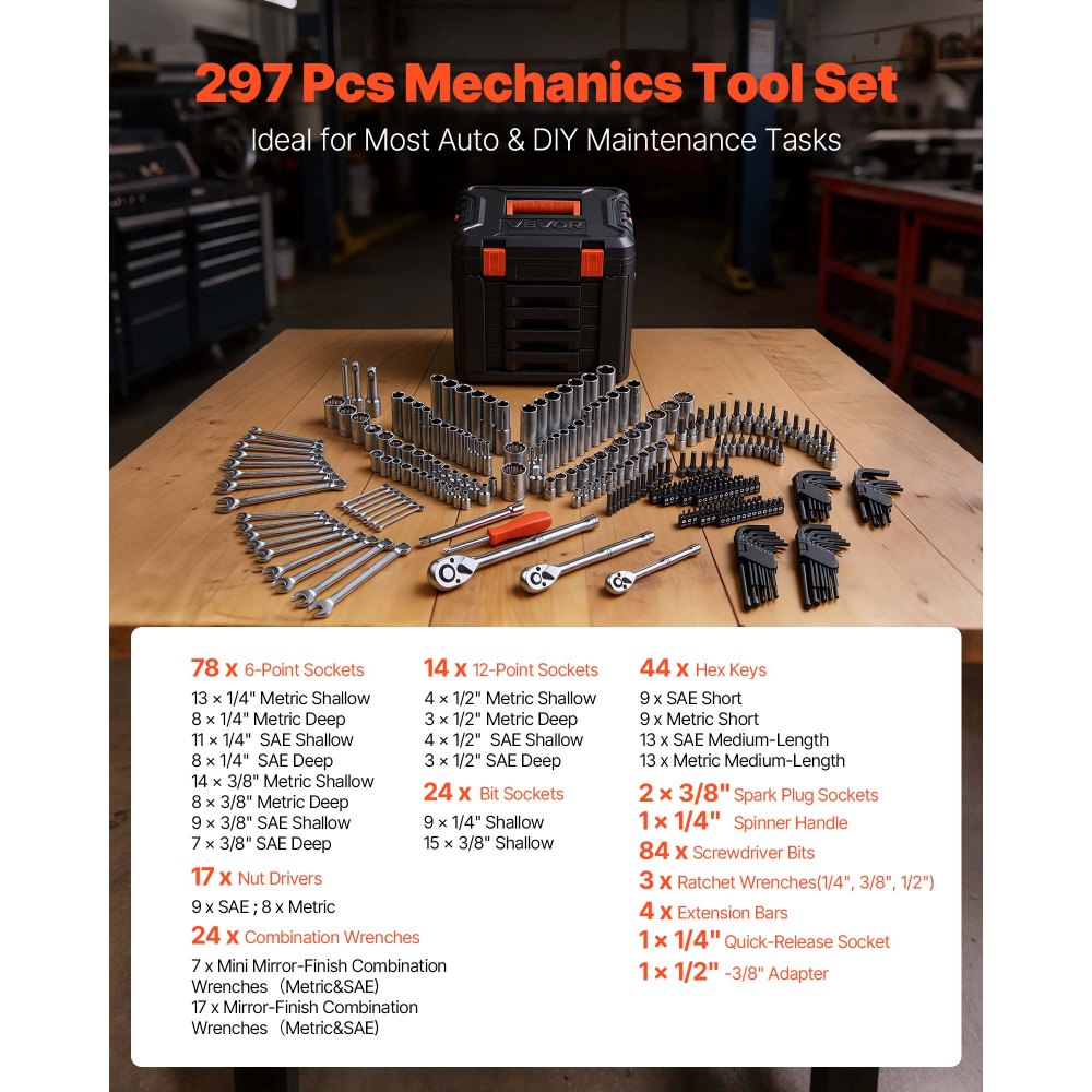 VEVOR Mechanics Tool Set, 297-Piece Mechanic Tool Kit, 1/4 in, 3/8 in, and 1/2 in Drive, SAE and Metric Socket Set, Wrenches, Screwdriver Bits, Accessories, and Storage Case, for Automotive Repair