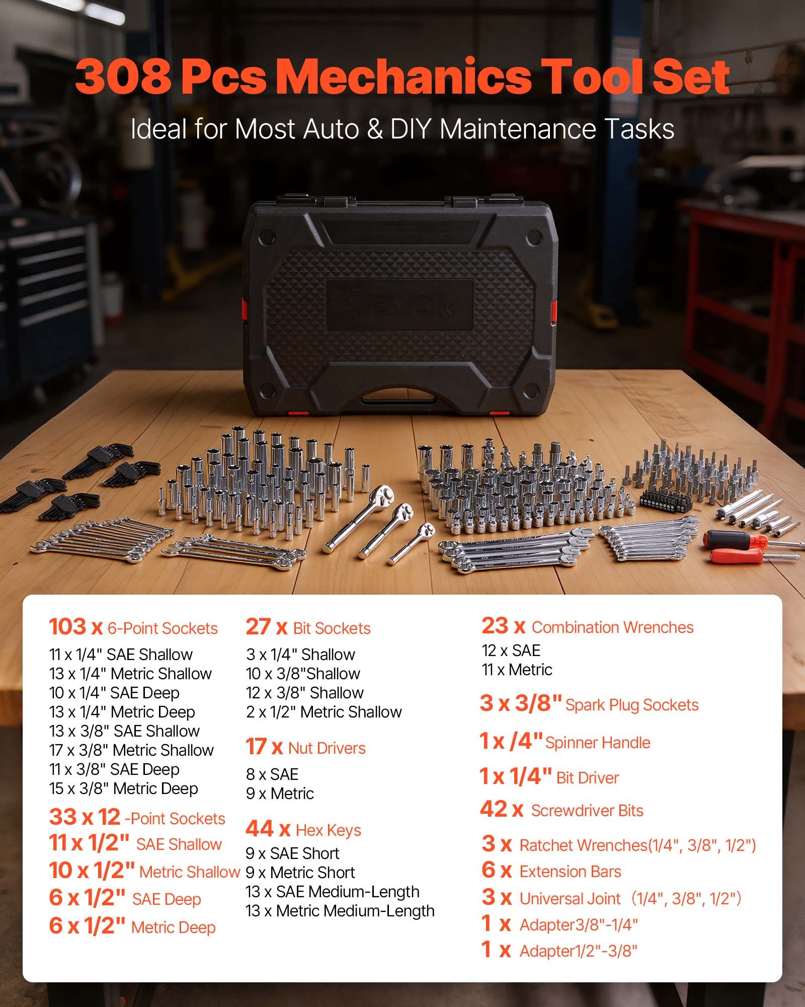 VEVOR Mechanics Tool Set, 308-Piece Mechanic Tool Kit, 1/4 in, 3/8 in, and 1/2 in Drive, SAE and Metric Socket Set, Wrenches, Screwdriver Bits, Accessories, and Storage Case, for Automotive Repair
