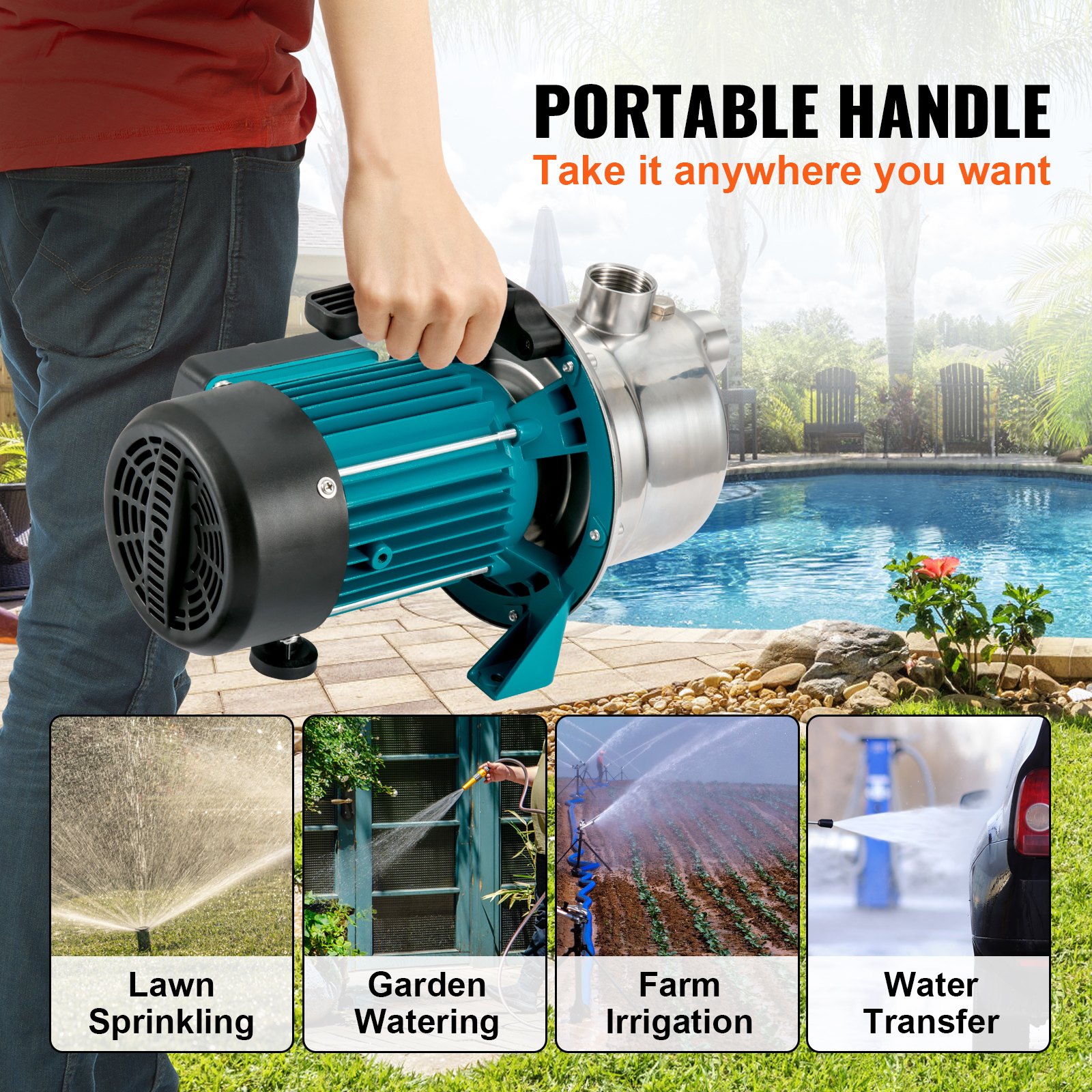 VEVOR Shallow Well Pump Portable Garden Water Jet Pump 800W 3700 L/h 40 m Head