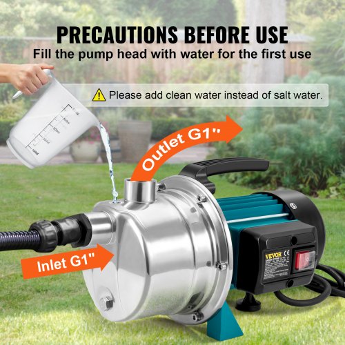 VEVOR Shallow Well Pump, 800W 220V-240V, 3700L/h 40 m Height, 4.8bar Max Pressure, Portable Stainless Steel Sprinkler Booster Jet Pumps for Garden Lawn Irrigation system, Lake Fountain, Water Transfer