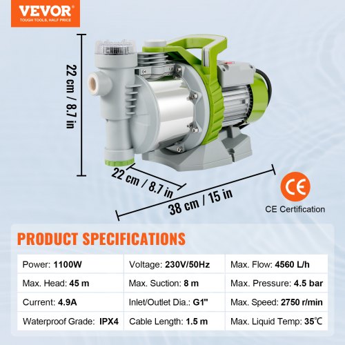 VEVOR Shallow Well Pump, 1100W 230V, 4560 L/h 45 m Head, Max 4.5 bar, Portable Stainless Steel Sprinkler Booster Jet Pumps w/ Prefilter for Garden Lawn Irrigation system, Lake Fountain, Water Transfer