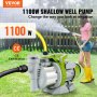 VEVOR Shallow Well Pump, 1100W 230V, 4560 L/h 45 m Head, Max 4,5 bar, Portabla sprinklerbooster jetpumpar i rostfritt stål med förfilter för trädgårdsgräsmatta bevattningssystem, sjöfontän, vattenöverföring