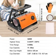 VEVOR Tumbler Heat Press, 30oz Mug Heat Press Machine Sublimation Transfer 11-15oz 16-25oz 30oz Straight Skinny Tumblers, Cup Heat Press with Heat-Resist Gloves & Tape, DIY Ceramic Mugs Cups Glasses