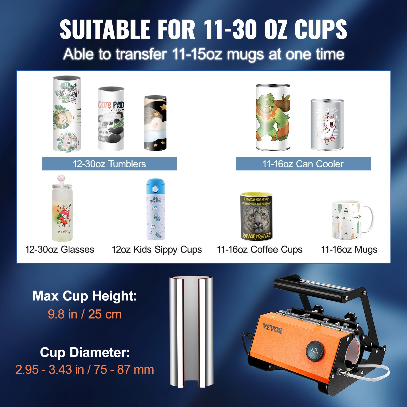 VEVOR Mug Heat Press, 850.5 g Tumbler Heat Press Machine, Sublimation Transfer 311.84-425.2 g 453.59-708.7 g 850.5 g Straight Skinny Tumblers, Cup Heat Press with Heat-resist Gloves & Tape, DIY Ceramic Mugs Cups Glasses