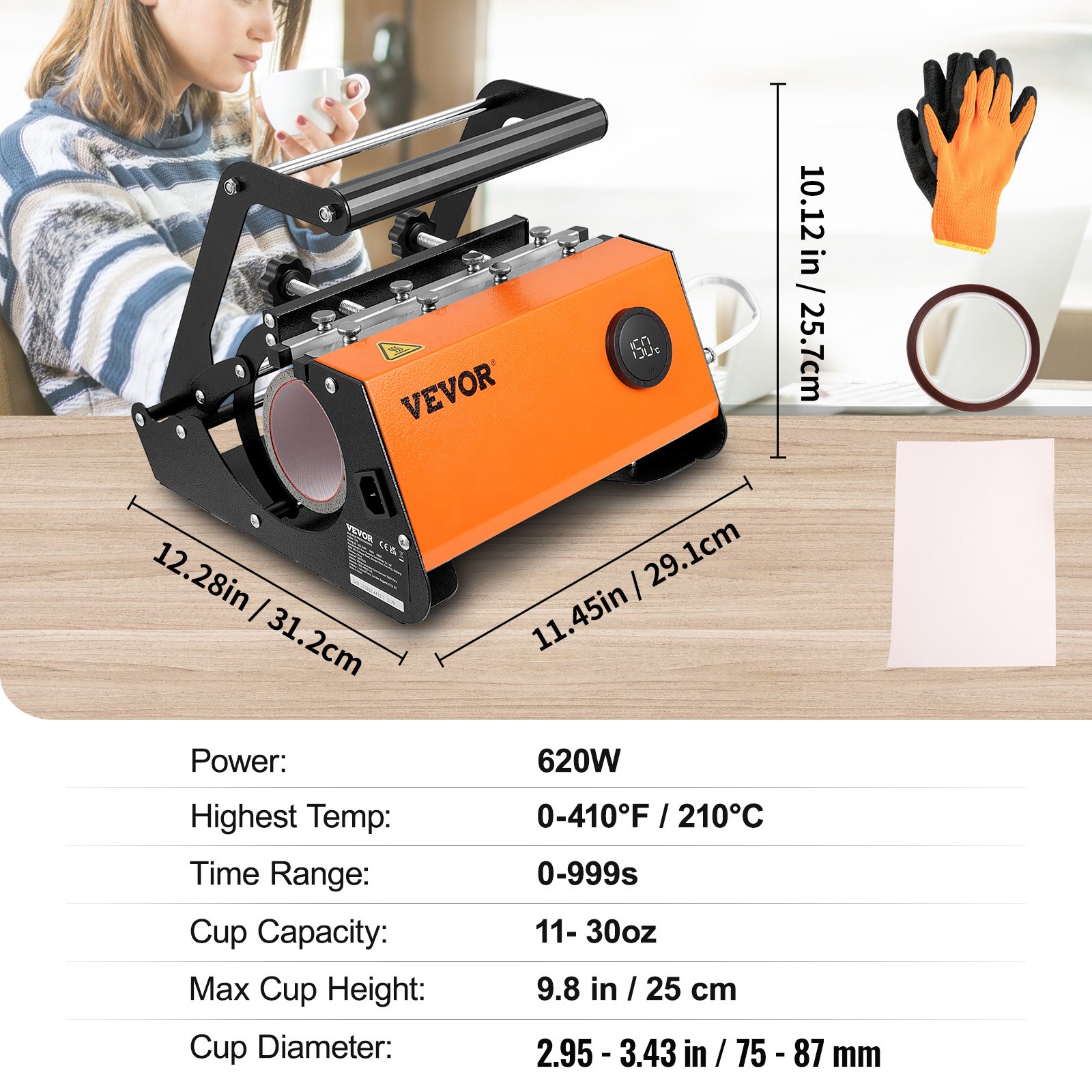 VEVOR Mug Heat Press, 850.5 g Tumbler Heat Press Machine, Sublimation Transfer 311.84-425.2 g 453.59-708.7 g 850.5 g Straight Skinny Tumblers, Cup Heat Press with Heat-resist Gloves & Tape, DIY Ceramic Mugs Cups Glasses