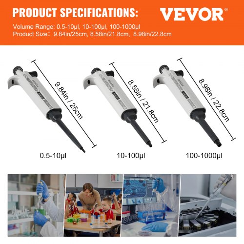 VEVOR Micropipette Kit, 3 Single Channel Pipettes (0.5-10μl, 10-100μl, 100-1000μl), Fully Autoclavable, High Accurate Pipettor with Adjustable Volume, with 3 Tips (10μl, 200μl, 1000μl) Pcs, for Lab