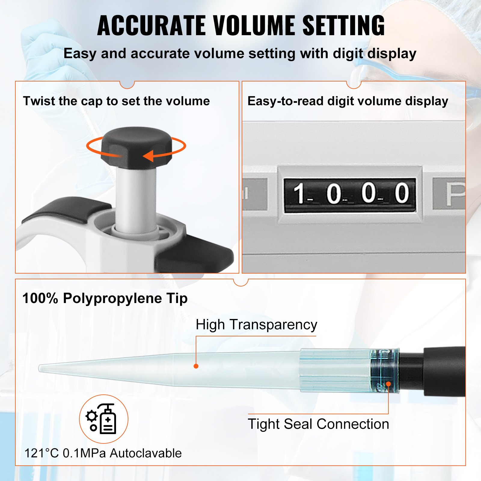 accurate volume setting with digit display, twist cap, transparent polypropylene tip. VEVOR lab micropipette kit.