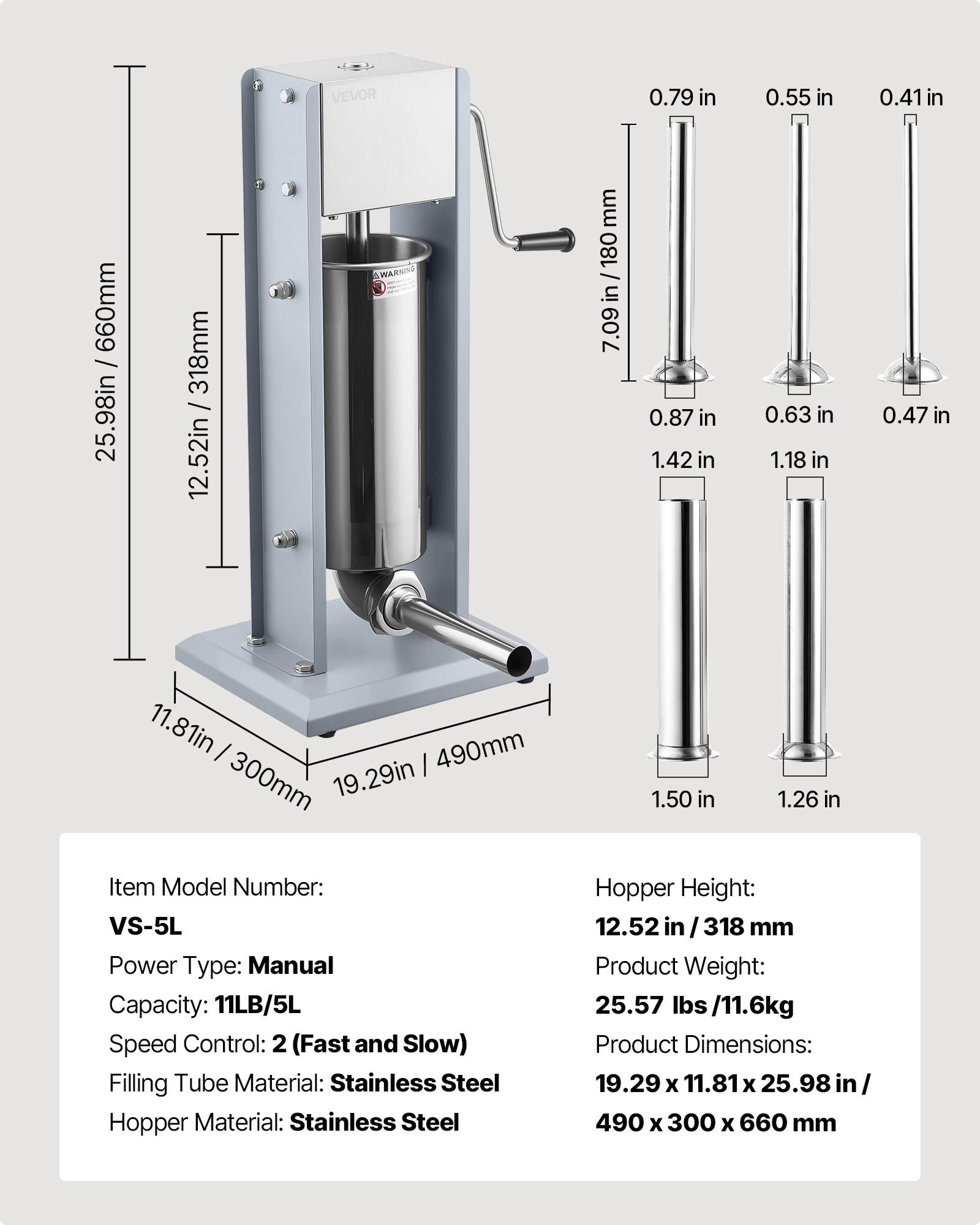 VEVOR Manual Sausage Stuffer, 11 LBS / 5 L Vertical Meat Stuffer, Heavy Duty Sausage Casing Meat Stuffing Machine, Dual-Speed Stainless Steel Filler with 5 Filling Tubes, for Commercial and Home Use