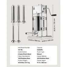 VEVOR Manual Sausage Stuffer, 22 LBS / 10 L Vertical Meat Stuffer, Dual-Speed Sausage Casing Meat Filling Machine, Stainless Steel Heavy Duty Filler with 5 Stuffing Tubes, for Commercial & Home Use