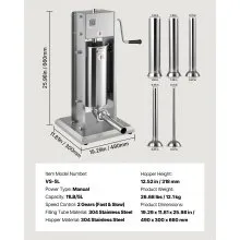 VEVOR Manual Sausage Stuffer, 11 LBS / 5 L Vertical Meat Stuffer, Dual-Speed Sausage Casing Meat Filling Machine, Stainless Steel Heavy Duty Filler with 5 Stuffing Tubes, for Commercial & Home Use