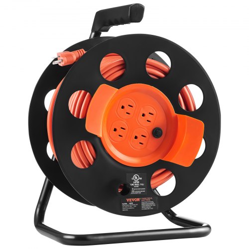 VEVOR Extension Cord Reel, 100FT, with 4 Outlets and Dust Cover, Heavy Duty 12AWG SJTOW Power Cord, Manual Cord Reel with Portable Handle Circuit Breaker, for Outdoor Indoor Toolshed Garage, UL Listed