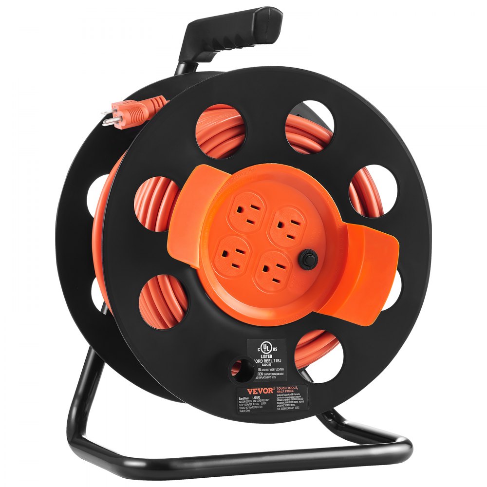 VEVOR Extension Cord Reel, 100FT, with 4 Outlets and Dust Cover, Heavy Duty  12AWG SJTOW Power