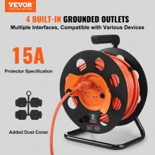 VEVOR Extension Cord Reel, 100FT, with 4 Outlets and Dust Cover, Heavy Duty 12AWG SJTOW Power Cord, Manual Cord Reel with Portable Handle Circuit Breaker, for Toolshed Garage, Tested to UL Standards