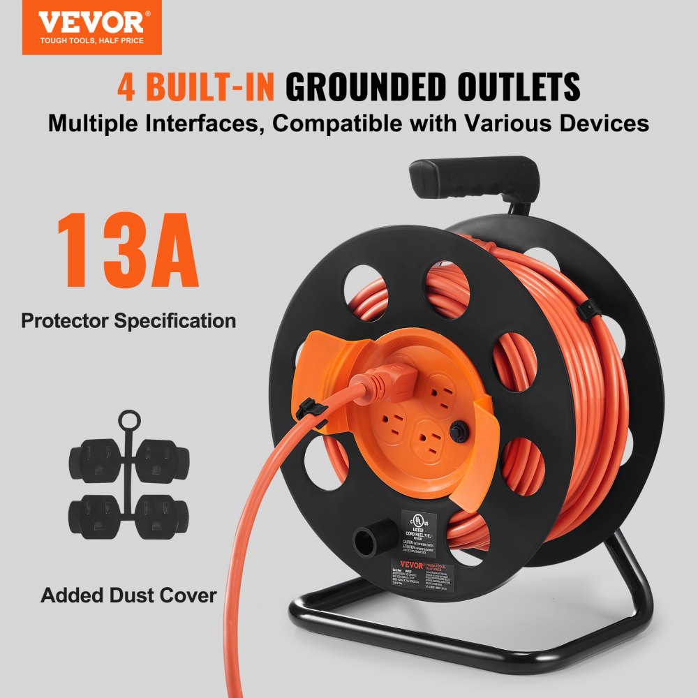 VEVOR Extension Cord Reel, 100FT, with 4 Outlets and Dust Cover