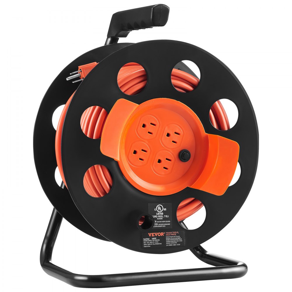 VEVOR Extension Cord Reel 100FT with 4 Outlets and Dust Cover Heavy Duty 14AWG Sjtow Power Cord Manual Cord Reel with Portable Handle Circuit