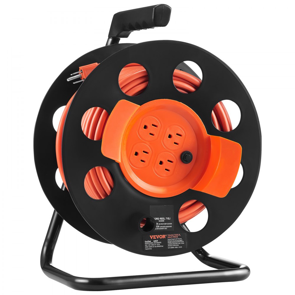 VEVOR extension cord reel with orange cord, black reel, handle, and four outlet slots.