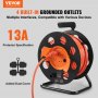 VEVOR extension cord reel with 4 built-in grounded outlets, 13a protector, and orange cord.