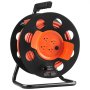 VEVOR extension cord reel with orange cord, black reel, handle, and four outlet slots.