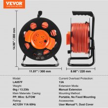 VEVOR Extension Cord Reel, 100FT, with 4 Outlets and Dust Cover, Heavy Duty 14AWG SJTOW Power Cord, Manual Cord Reel with Portable Handle Circuit Breaker, for Toolshed Garage, Tested to UL Standards