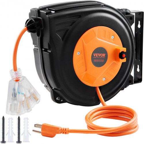 VEVOR Retractable Extension Cord Reel, 30 FT, Heavy Duty 16AWG/3C SJTOW Power Cord, with Lighted Triple Tap Outlet 10 Amp Circuit Breaker, for Ceiling or Wall Mount Garage and Shop, ETL Listed