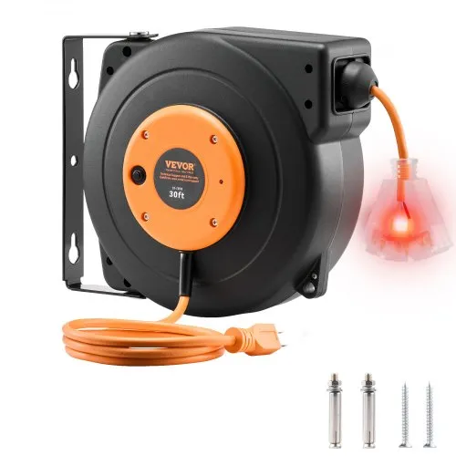 VEVOR Retractable Extension Cord Reel, 30 FT, Heavy Duty 16AWG/3C SJTOW Power Cord, with Lighted Triple Tap Outlet 10 Amp Circuit Breaker, for Ceiling or Wall Mount Garage and Shop, ETL Listed