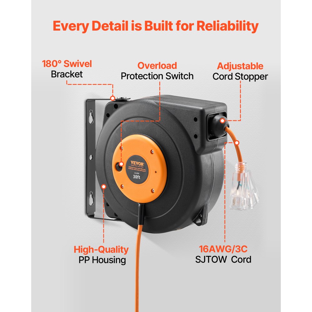 VEVOR Retractable Extension Cord Reel, 30 FT, Heavy Duty 16AWG/3C SJTOW Power Cord, with Lighted Triple Tap Outlet 10 Amp Circuit Breaker, for Ceiling or Wall Mount Garage and Shop, ETL Listed
