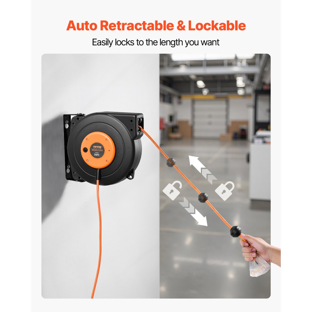 VEVOR Retractable Extension Cord Reel, 30 FT, Heavy Duty 16AWG/3C SJTOW Power Cord, with Lighted Triple Tap Outlet 10 Amp Circuit Breaker, for Ceiling or Wall Mount Garage and Shop, ETL Listed