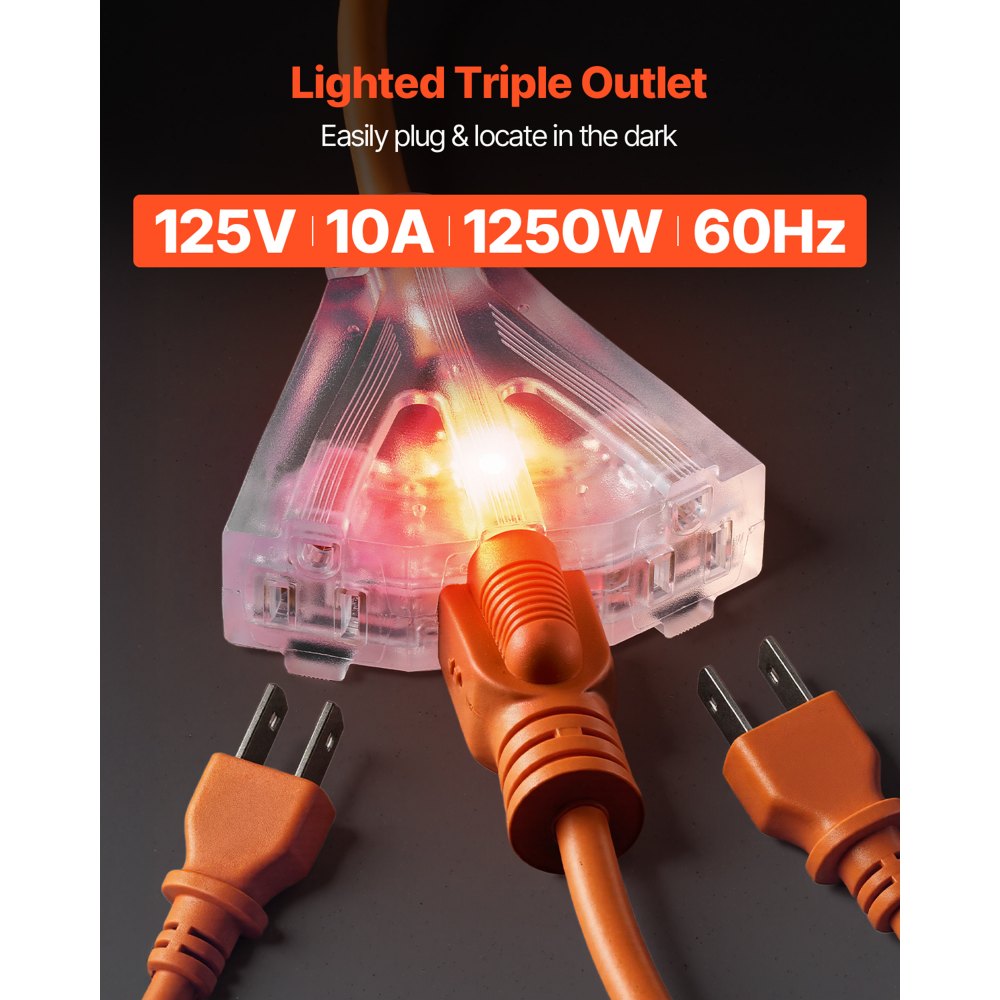 VEVOR Retractable Extension Cord Reel, 30 FT, Heavy Duty 16AWG/3C SJTOW Power Cord, with Lighted Triple Tap Outlet 10 Amp Circuit Breaker, for Ceiling or Wall Mount Garage and Shop, ETL Listed