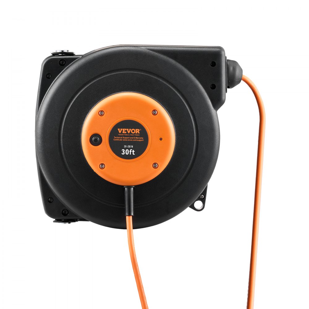 VEVOR Retractable Extension Cord Reel, 30 FT, Heavy Duty 16AWG/3C SJTOW Power Cord, with Lighted Triple Tap Outlet 10 Amp Circuit Breaker, for Ceiling or Wall Mount Garage and Shop, ETL Listed