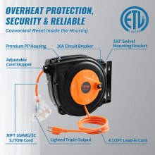 VEVOR Retractable Extension Cord Reel, 30 FT, Heavy Duty 16AWG/3C SJTOW Power Cord, with Lighted Triple Tap Outlet 10 Amp Circuit Breaker, for Ceiling or Wall Mount Garage and Shop, ETL Listed