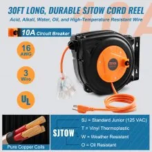 VEVOR Retractable Extension Cord Reel, 30 FT, Heavy Duty 16AWG/3C SJTOW Power Cord, with Lighted Triple Tap Outlet 10 Amp Circuit Breaker, for Ceiling or Wall Mount Garage and Shop, ETL Listed