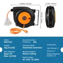 VEVOR Retractable Extension Cord Reel, 30 FT, Heavy Duty 16AWG/3C SJTOW Power Cord, with Lighted Triple Tap Outlet 10 Amp Circuit Breaker, for Ceiling or Wall Mount Garage and Shop, ETL Listed
