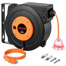 VEVOR Retractable Extension Cord Reel, 30 FT, Heavy Duty 16AWG/3C SJTOW Power Cord, with Lighted Triple Tap Outlet 10 Amp Circuit Breaker, for Ceiling or Wall Mount Garage and Shop, ETL Listed
