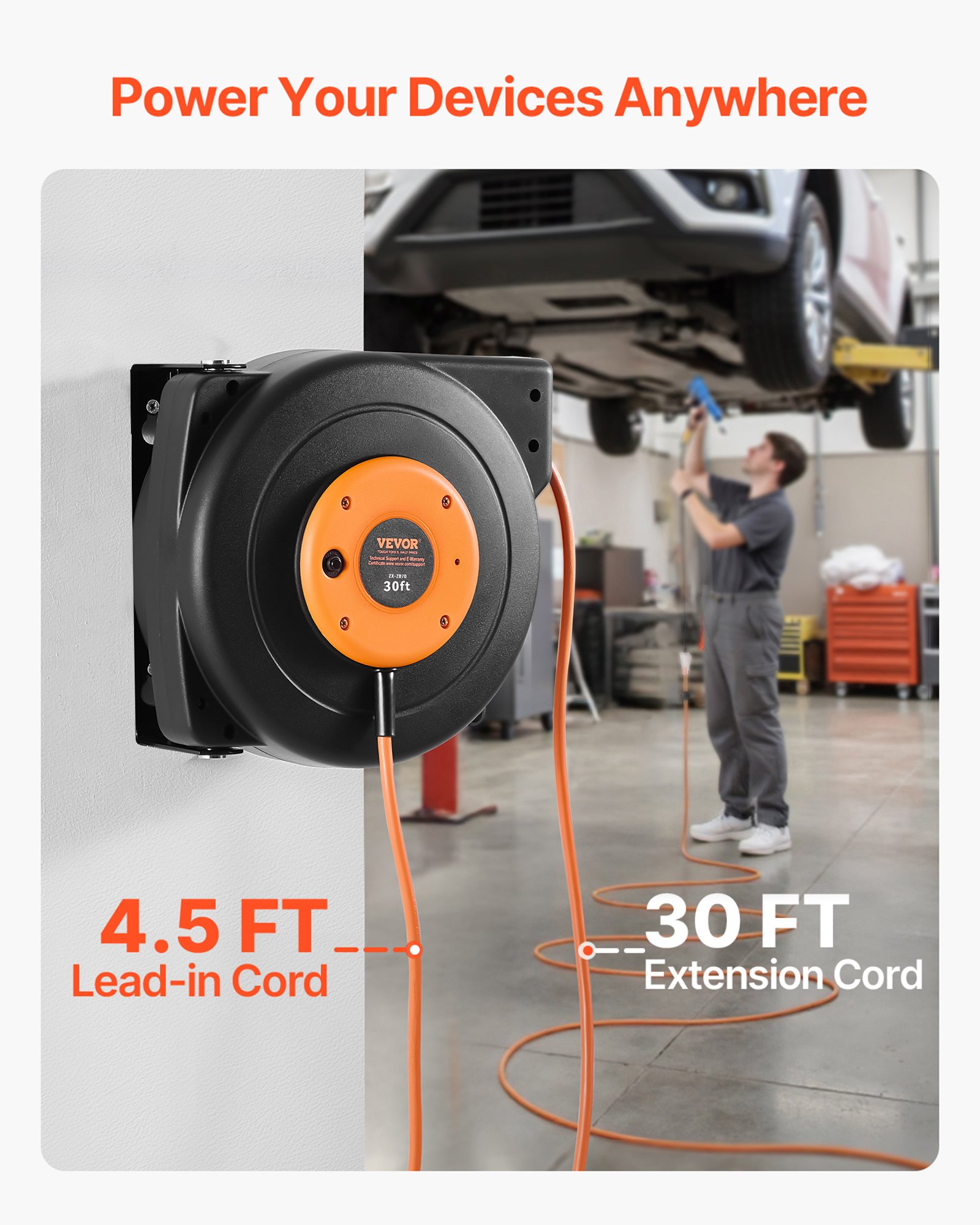 VEVOR Retractable Extension Cord Reel, 30 FT, Heavy Duty 16AWG/3C SJTOW Power Cord, with Lighted Triple Tap Outlet 10 Amp Circuit Breaker, for Ceiling or Wall Mount Garage and Shop, ETL Listed