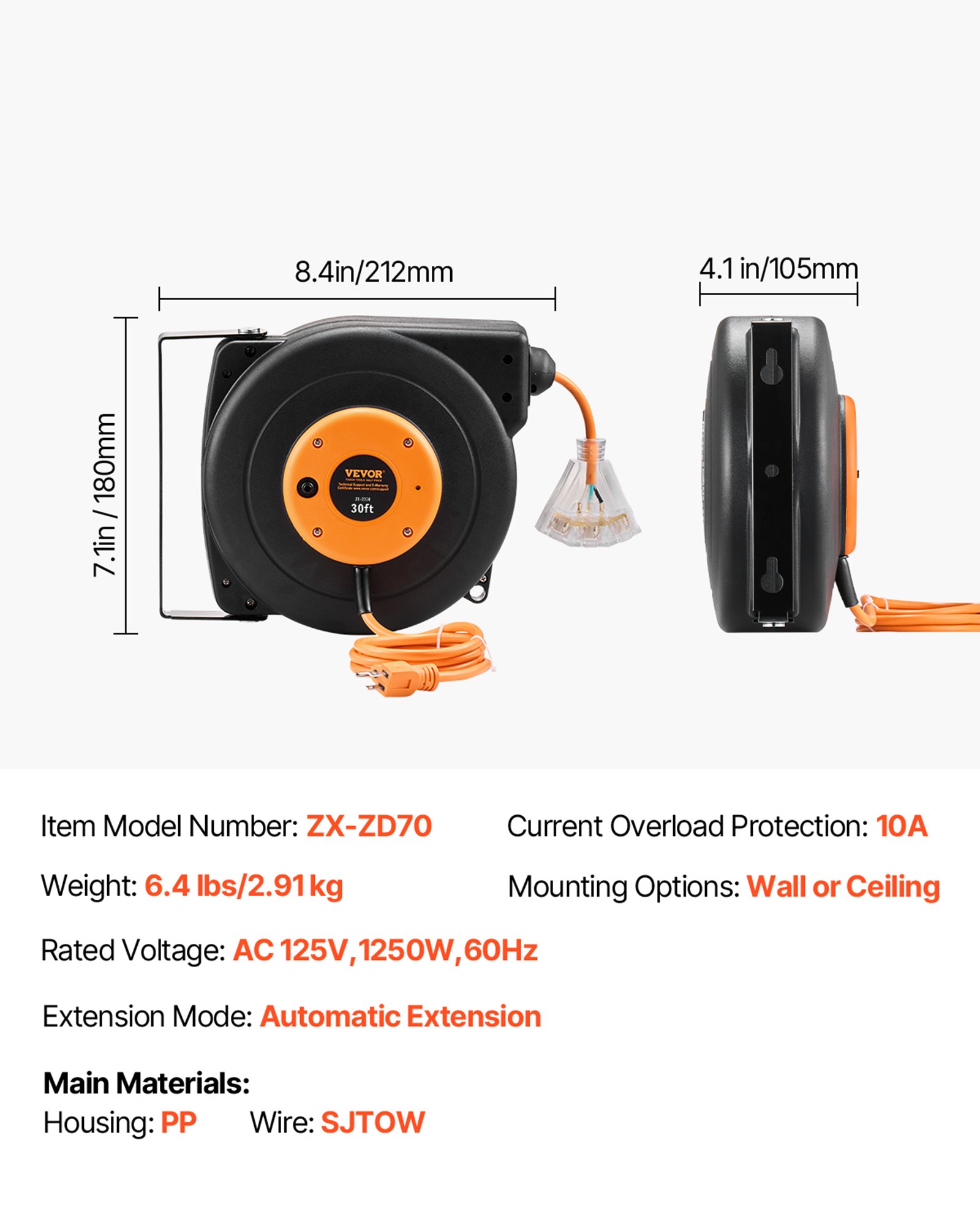 VEVOR Retractable Extension Cord Reel, 30 FT, Heavy Duty 16AWG/3C SJTOW Power Cord, with Lighted Triple Tap Outlet 10 Amp Circuit Breaker, for Ceiling or Wall Mount Garage and Shop, ETL Listed