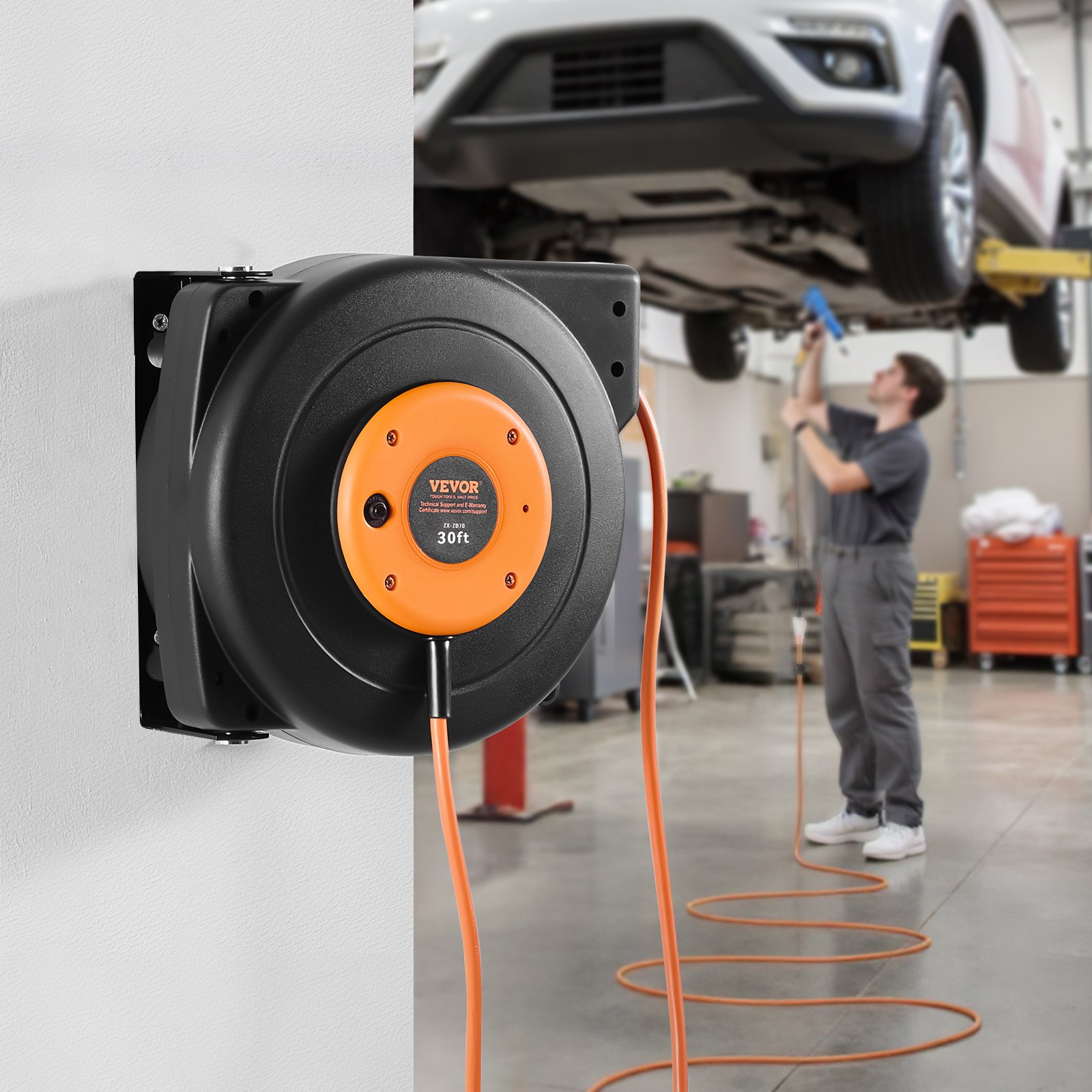 VEVOR Retractable Extension Cord Reel, 30 FT, Heavy Duty 16AWG/3C SJTOW Power Cord, with Lighted Triple Tap Outlet 10 Amp Circuit Breaker, for Ceiling or Wall Mount Garage and Shop, ETL Listed