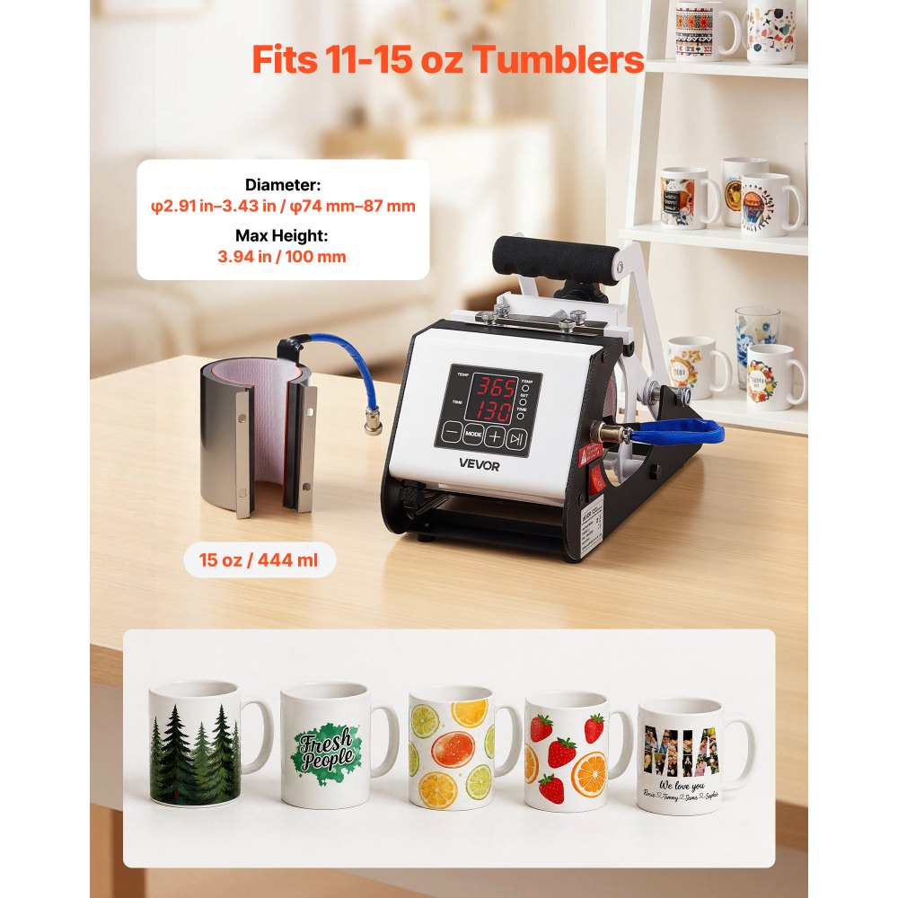 VEVOR Tumbler Heat Press Machine, Max 444 mL Mug Press, Fast and Even Heating, with Tape and Gloves, Easy Temp and Time Setting, Heat Transfer for Sublimation Tumblers, Cups, Mugs, Black and White