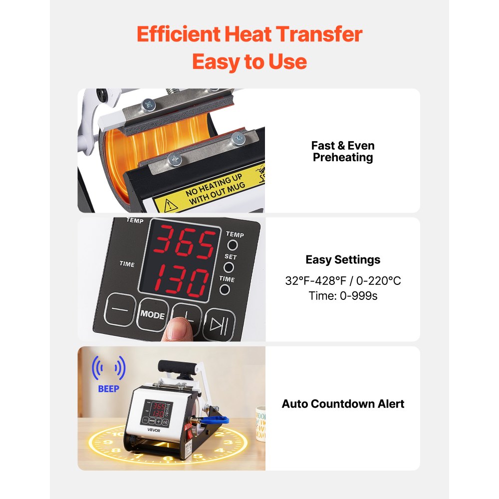 VEVOR Tumbler Heat Press Machine, Max 444 mL Mug Press, Fast and Even Heating, with Tape and Gloves, Easy Temp and Time Setting, Heat Transfer for Sublimation Tumblers, Cups, Mugs, Black and White
