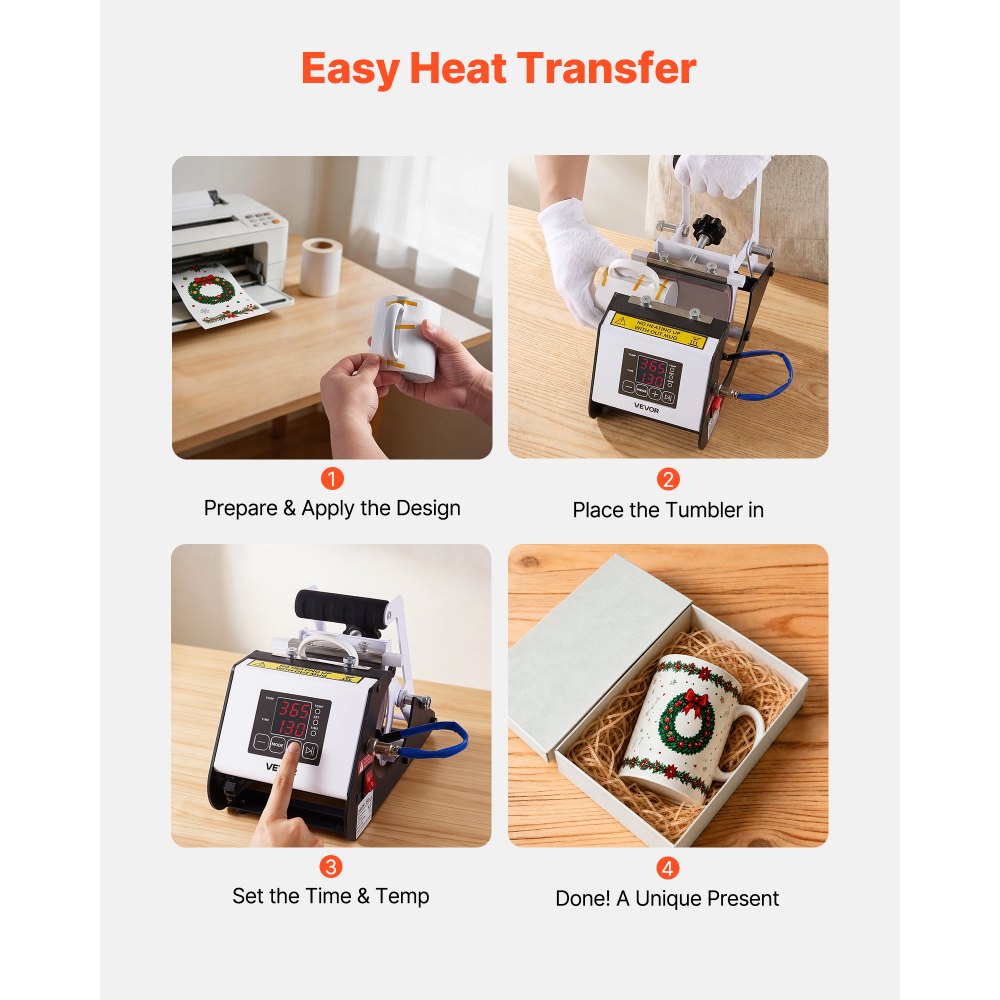 VEVOR Tumbler Heat Press Machine, Max 444 mL Mug Press, Fast and Even Heating, with Tape and Gloves, Easy Temp and Time Setting, Heat Transfer for Sublimation Tumblers, Cups, Mugs, Black and White