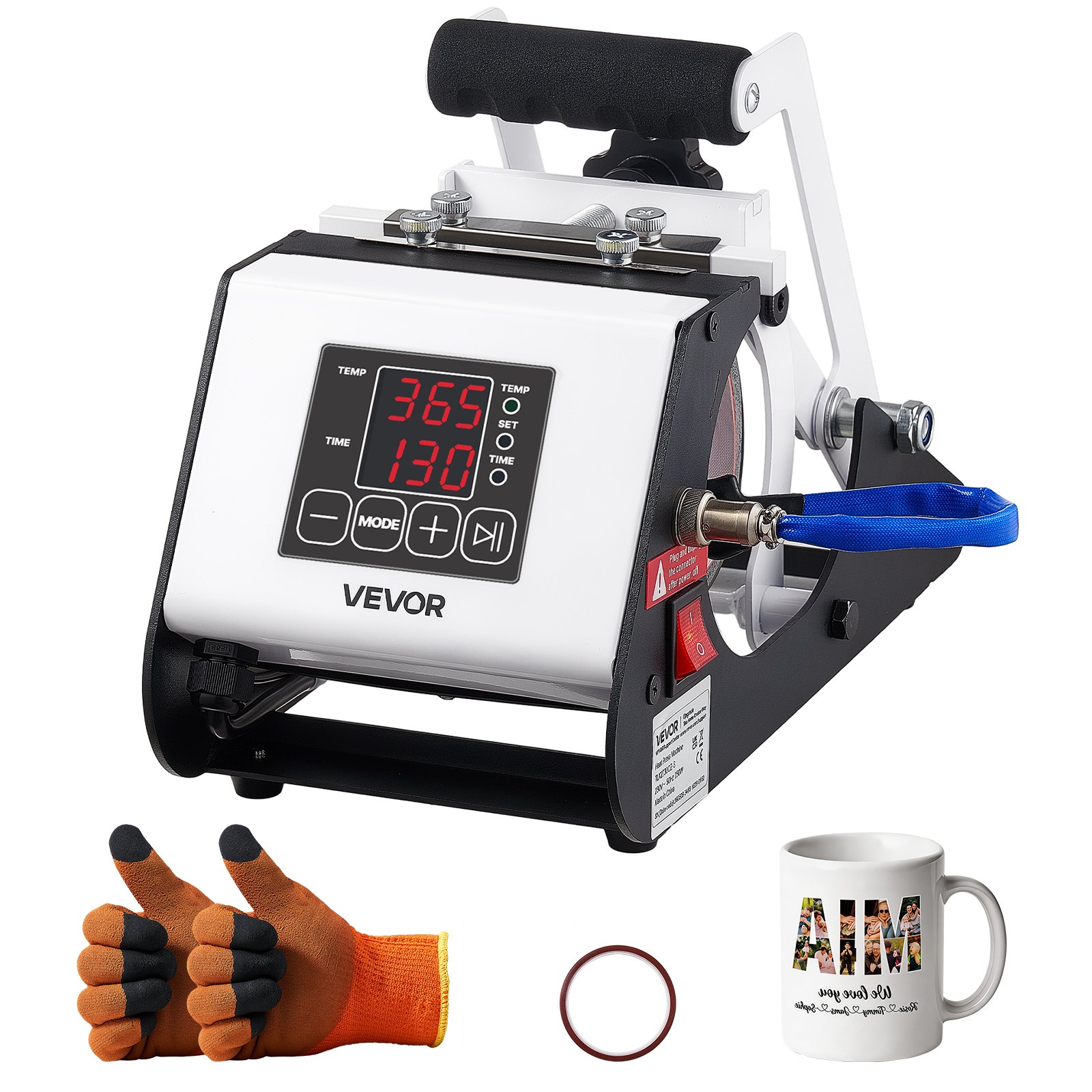 VEVOR Tumbler Heat Press Machine, Max 444 mL Mug Press, Fast and Even Heating, with Tape and Gloves, Easy Temp and Time Setting, Heat Transfer for Sublimation Tumblers, Cups, Mugs, Black and White