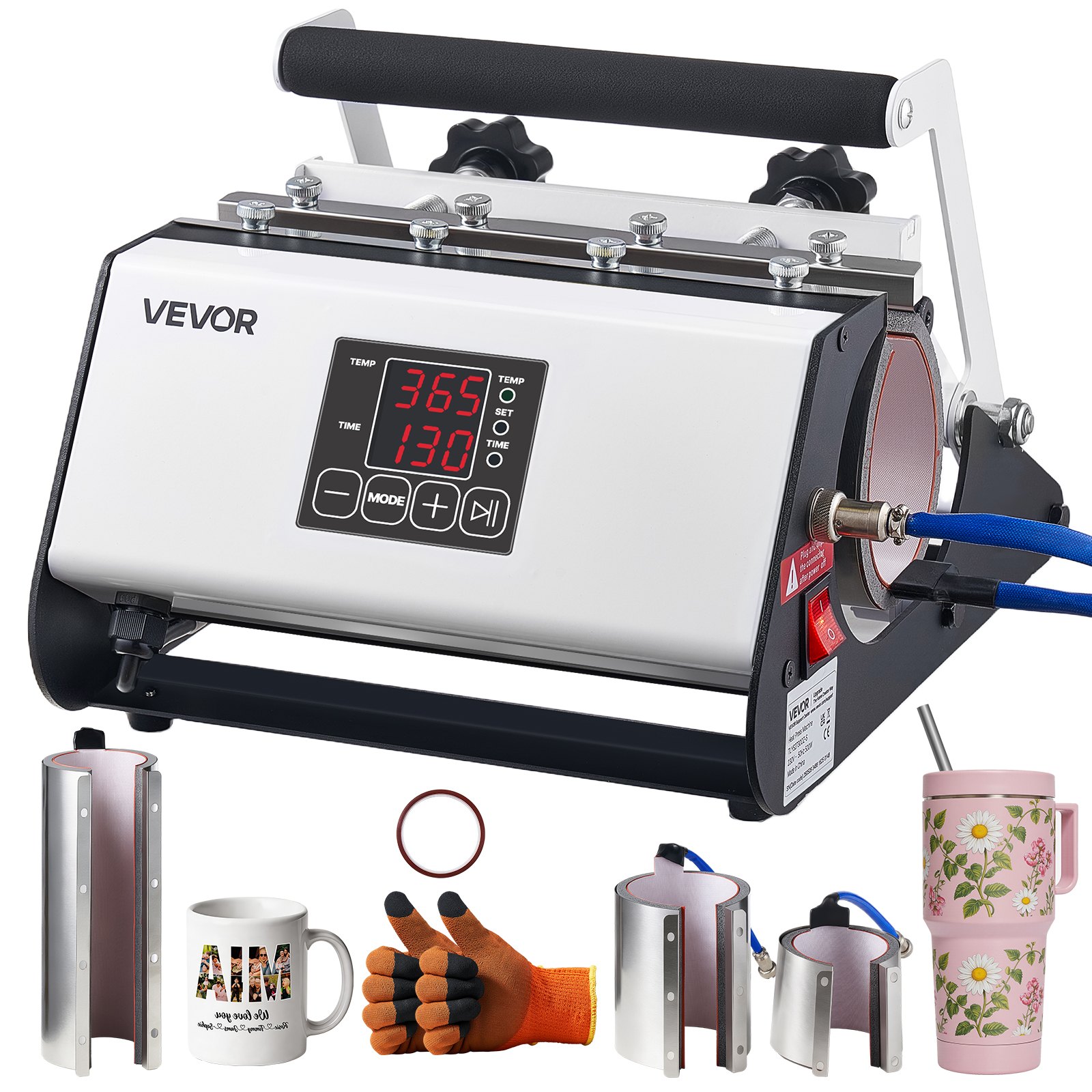 VEVOR Tumbler Heat Press Machine, Max 1183 mL Mug Press, Fast and Even Heating, with Tape, Gloves, Easy Temp and Time Setting, Heat Transfer for Sublimation Tumblers, Cups, Mugs, Black and White