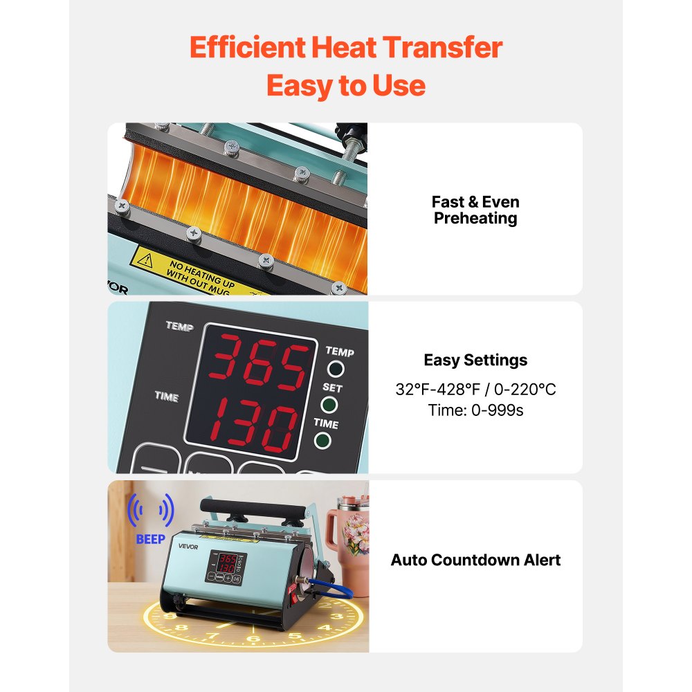 VEVOR Tumbler Heat Press Machine, Max 887 mL Mug Press, Fast and Even Heating, with Tape and Gloves, Easy Temp and Time Setting, Heat Transfer for Sublimation Tumblers, Cups, Mugs, Black and Green
