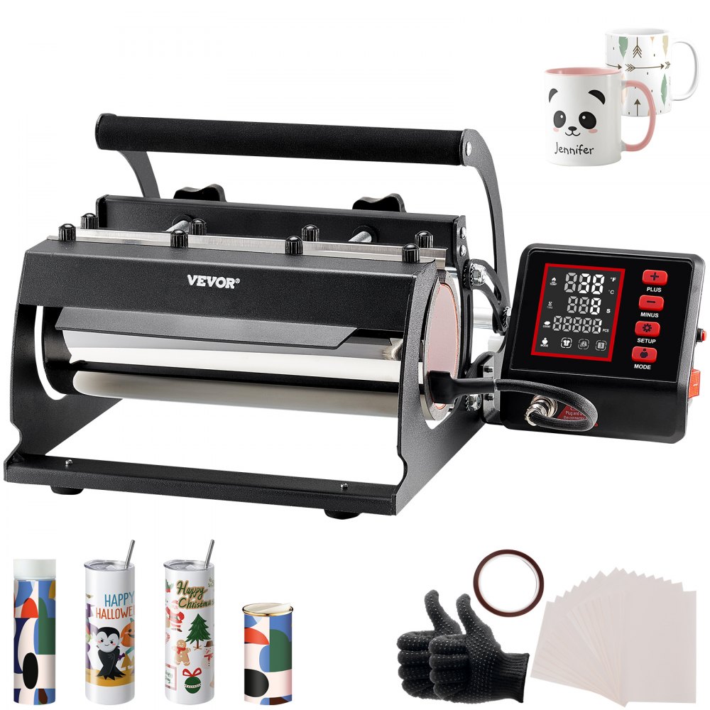 VEVOR Tumbler Heat Press Machine, 11-30oz Mug Press, Heat Up Fast and Even, Tumbler Press with Sublimation Paper, Tape and Gloves, Temp and Time Setting, for Sublimation Tumblers, Cups, Mugs, Black