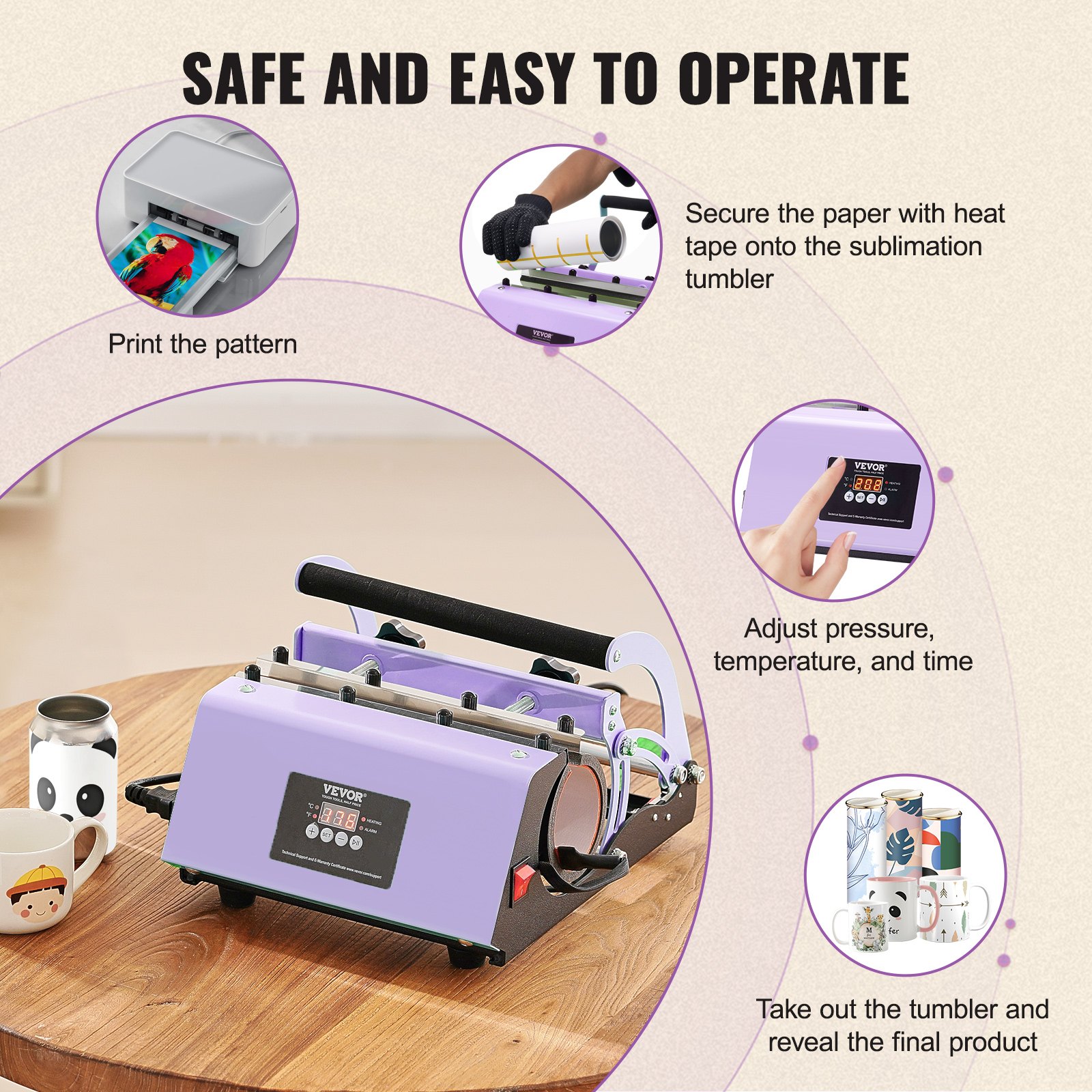 VEVOR Tumbler Heat Press Machine, 11-30oz Mug Press, Heat Up Fast and Even, Tumbler Press with Sublimation Paper, Tape and Gloves, Temp and Time Setting, for Sublimation Tumblers, Cups, Mugs, Purple