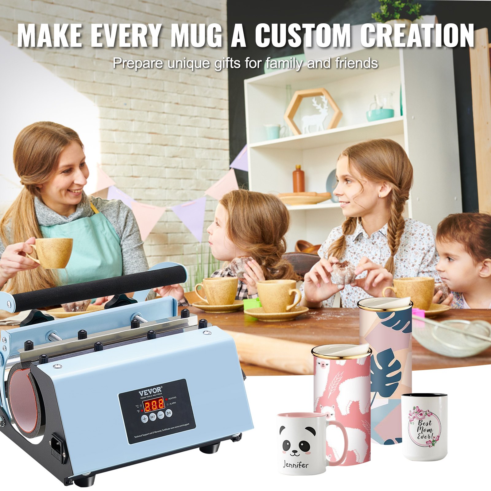 VEVOR Tumbler Heat Press Machine, 11-30oz Mug Press, Heat Up Fast and Even, Tumbler Press with Sublimation Paper, Tape and Gloves, Temp and Time Setting, for Sublimation Tumblers, Cups, Mugs, Blue